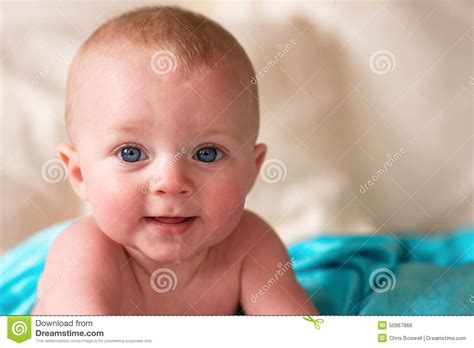 Close Up Portrait Young Blue Eyed Infant Boy Male Child Stock Photo