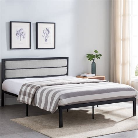 Minimalistic Modern Iron Queen Bed Frame With Fabric Upholstered Headb
