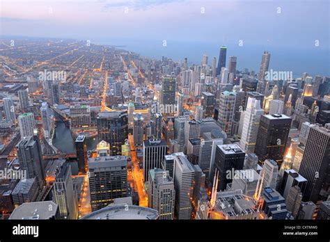 Aerial View Of The City Of Chicago At Dusk Stock Photo Alamy