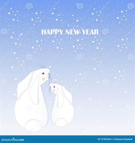 Cartoon Fan Cute White Rabbits Snow Happy New Year Stock Vector