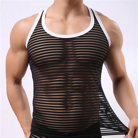 Wowhomme Brand Man Undershirt Male Sexy Mesh Transparent Tank Tops Gay