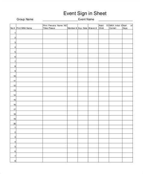 Printable Event Sign In Sheet Template Printable Templates