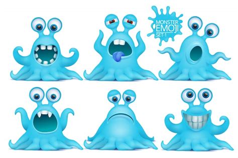 Lustiger Krake Emoji Monsterzeichensatz Premium Vektor