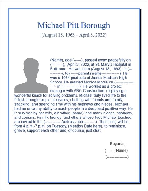 Best 5 Obituary Template Free Report Templates