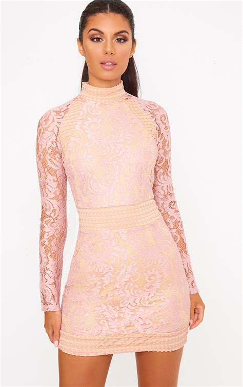 Dusty Pink Lace High Neck Bodycon Dress Prettylittlething