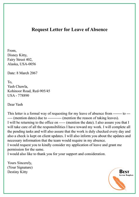 This way your first sentence can refer to your previous discussion and if you are writing a letter requesting an absence to which you are legally entitled, you can phrase the request accordingly. Request Letter for Leave of Absence-01 - Best Letter Template
