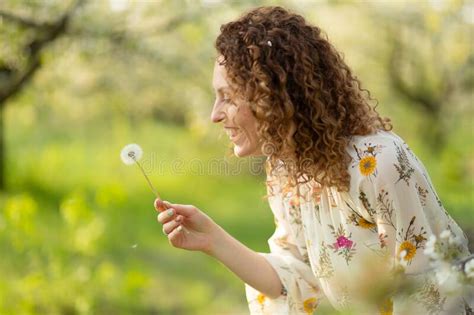 Pretty Girl Blowing Dandelion In Summer Park Green Grass Beautiful Nature Stock Image Image