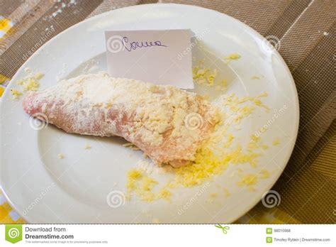 The Child Is Preparing A Roll Of Chicken Meat Stock Photo Image Of