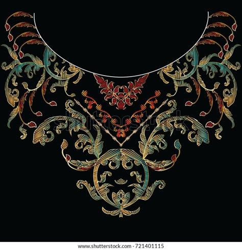 Baroque Neckline Vintage Floral Embroidery Pattern Stock Vector