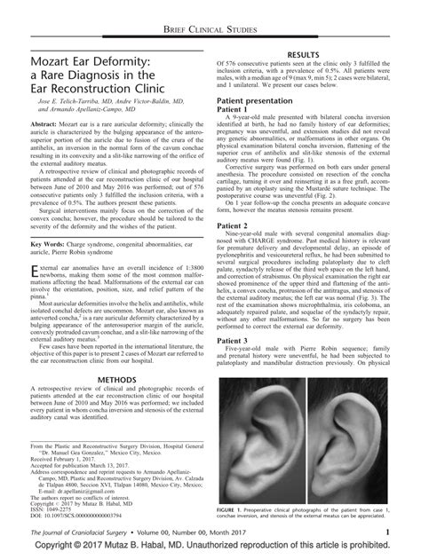 Pdf Mozart Ear Deformity A Rare Diagnosis In The Ear Reconstruction