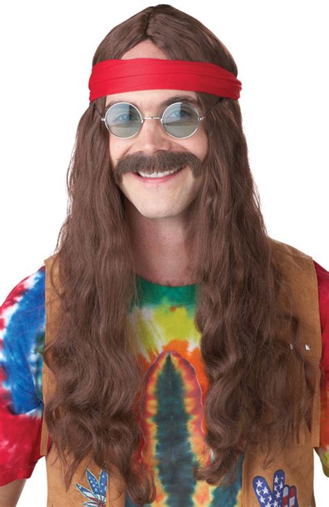 Hippie Man Costume Wig And Moustache Brown