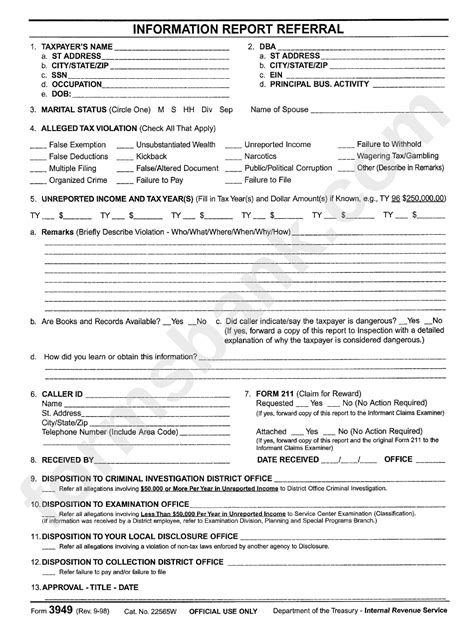 Form 3949 Information Report Referral Department Of The Tressury