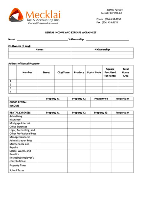 rental income  expense worksheet printable