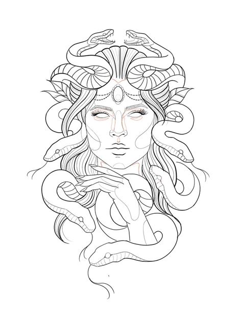 A Drawing Of A Woman With Snakes On Her Head And Hands Around Her Neck In Front Of A White
