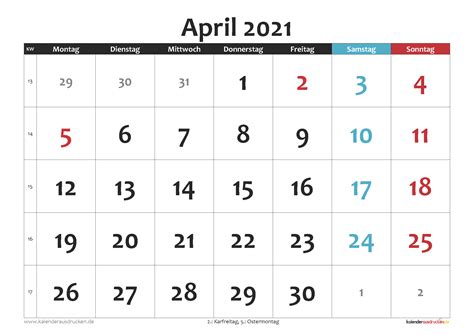 Auf dieser seite findet ihr unsere monatskalender 2019 und 2020 auf je einer din a4 seite im hochformat mit feiertagen und kalenderwochen zum kostenlosen ausdrucken. Kalender April 2021 zum Ausdrucken Kostenlos - Kalender ...