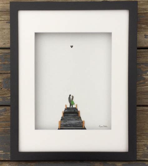 Pebble Art Couple on Boating Dock in Shadow Box Frame with Matting Modern Wall Art Abstract ...