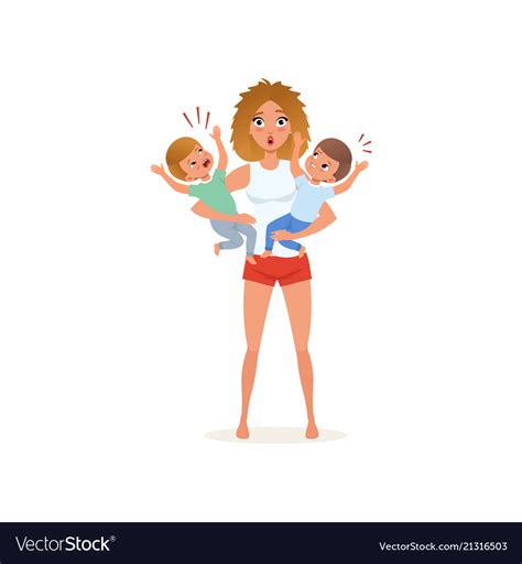 Tired Mother And Her Crying Sons Parenting Stress Vector Image