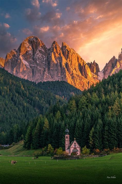 Dolomites Looming Over San Giovanni Church In Val Di Funes Italia