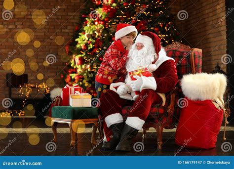 Santa Claus And Little Boy Near Christmas Tree Stock Image Image Of