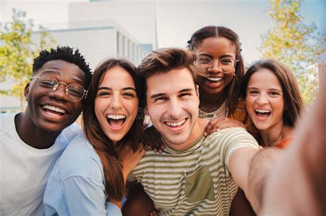 Happy Multicultural Friends Laughing Taking A Selfie Portrait Together Mixed Teenage Cheerful