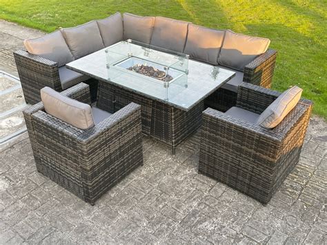 8 Seater Rattan Garden Furniture Set Fire Pit Dining Table 2 Option