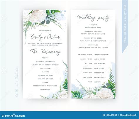 Wedding Program Card Floral Template Set Elegant Stylish Tender Ivory