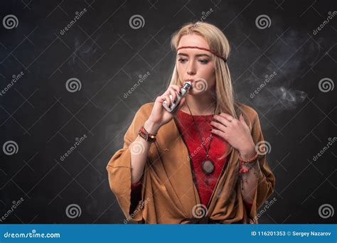 Portrait Of Young Hipster Smoking Vaping Girl The Woman Is Dressed In