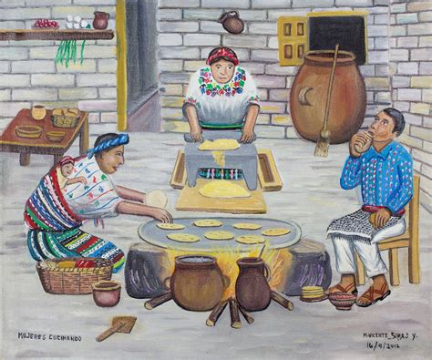 Signed Folk Art Painting Of Women Cooking From Guatemala