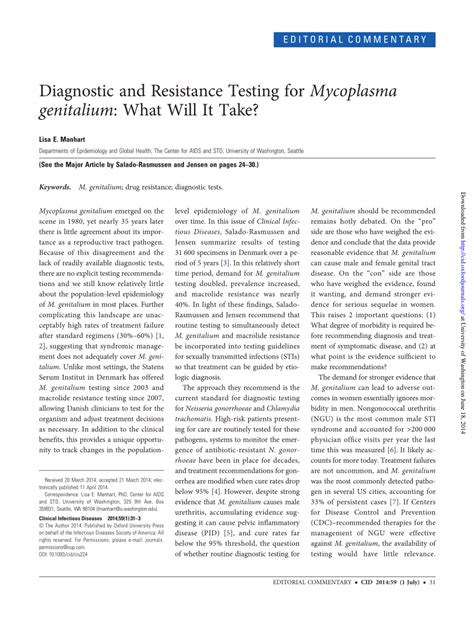 Pdf Diagnostic And Resistance Testing For Mycoplasma Genitalium What