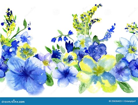 Watercolor Blue And Yellow Flowers Stock Illustration Illustration Of