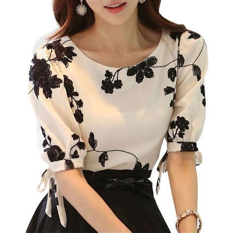 Floral Black And White Embroidered Chiffon Half Sleeve Blouses White