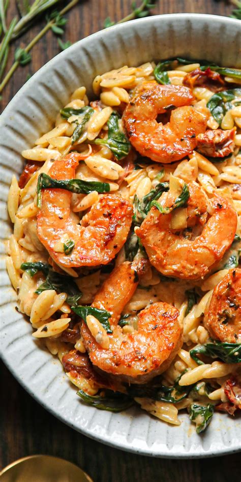 Creamy Shrimp Orzo With Spinach Sun Dried Tomatoes And Artichokes Shrimp Recipes For Dinner