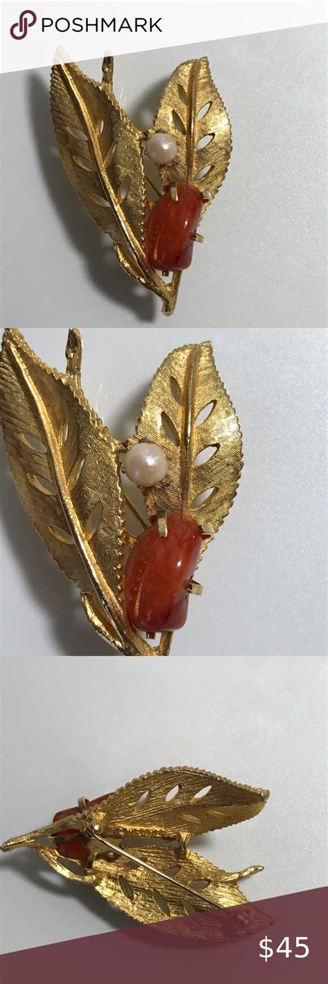 Vtg Kramer Leaf Amber And Pearl Brooch Pin Vintage Brooch Jewelry