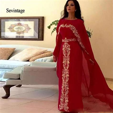 Sevintage Red Arabic Moroccan Kaftan Prom Dress With Cape Gold Lace