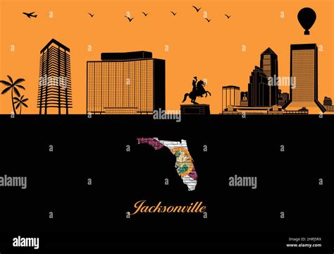 Jacksonville City Skyline Silhouette Illustration Town In Orange