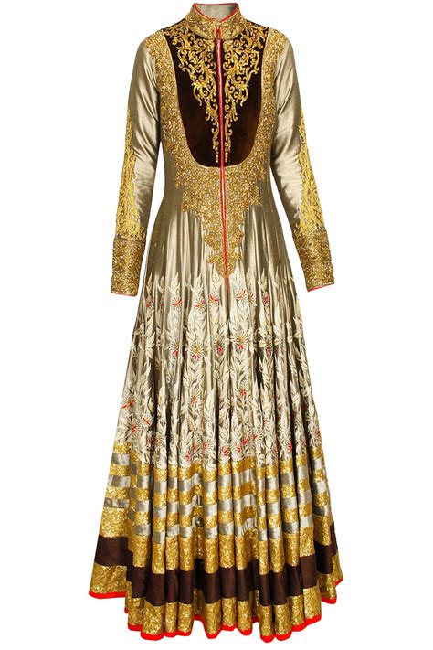 Grey Embrodiered Anarkali With Brown Churidaar And Cream Dupatta Available Only At Pernias Pop