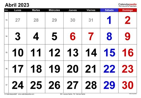 Calendario Abril 2023 En Word Excel Y Pdf Calendarpedia