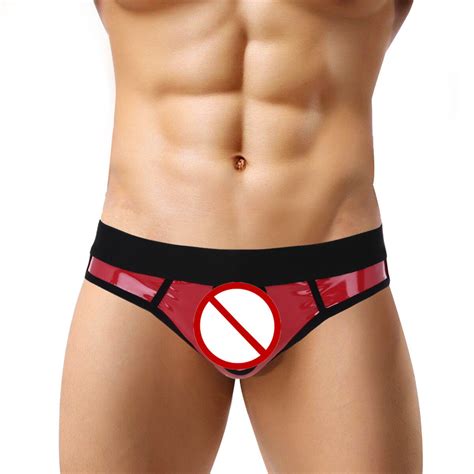 Mens Sexy Lingerie Faux Leather Open Back Panty Bikini Brief Underwear