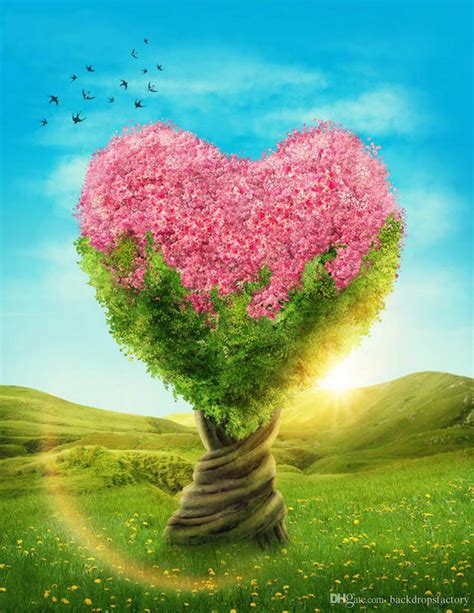 2020 Heart Shaped Tree Backdrops With Pink Flowers Sunshine Blue Sky Green Grassland Beautiful