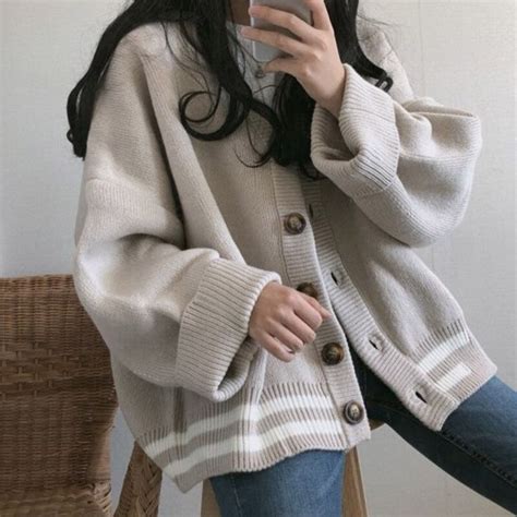 Women Korean Style V Neck Loose Fit Cardigan Sweaters Fashion Cute