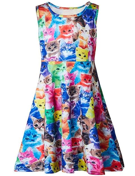Funnycokid Grils Print Dress Sleeveless Rainbow Cat Maxi Dress 10 13 T
