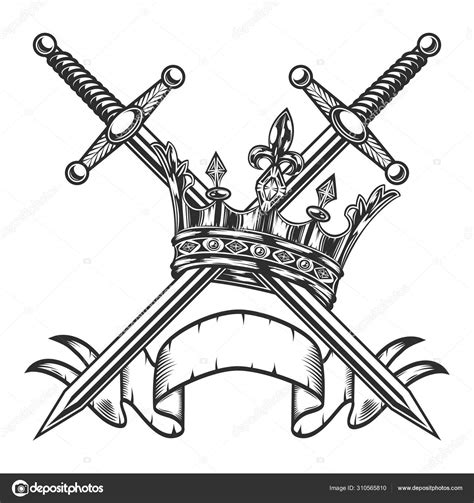 Vintage Royal Crown With Swords And Ribbon Template Monochrome Style