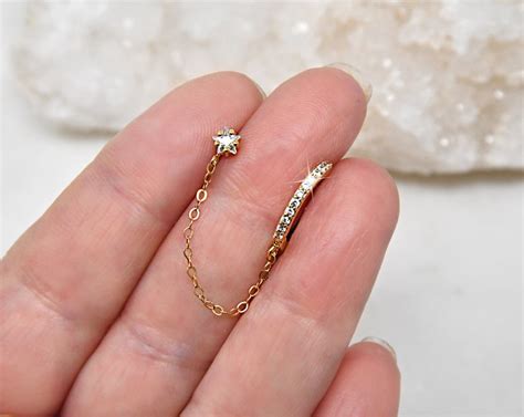 Connected Earrings Tiny Gold Huggies Hoop And Cubic Zirconia Etsy