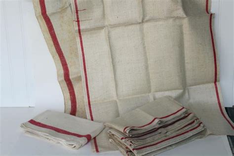 Vintage Red Stripe Grain Sack Flax Linen Towels And French Country
