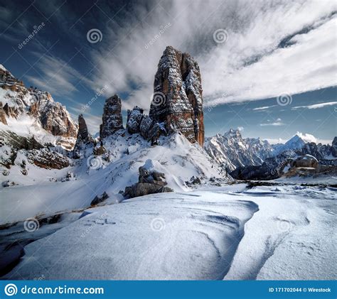 Breathtaking Scenery Of The Snowy Rocks At Dolomiten Italian Alps In