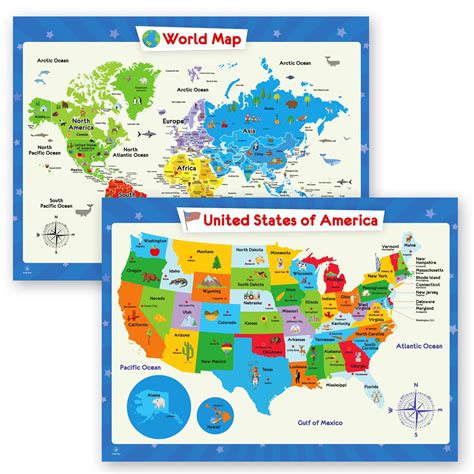 Buy 2 Pack World Map Poster For Kids Wall And United States Map For