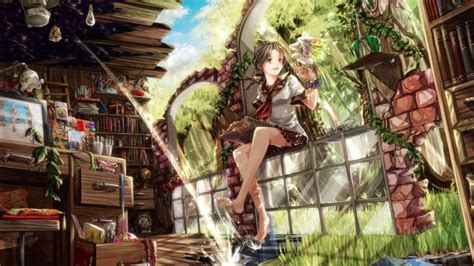 Wallpaper Anime Girl Fantasy World Sitting Bird Books