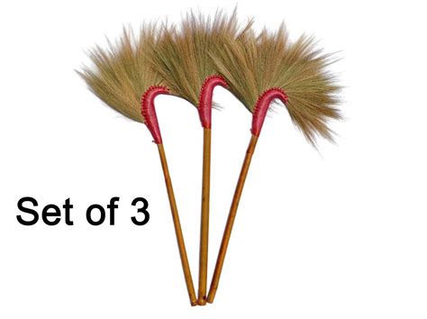 Handmade Asian Set Of 3 Broom Natural Grass Broomstick For Sweeping