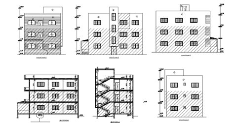 Autocad Drawing Of 3 Storey Apartment Building Front And Side View