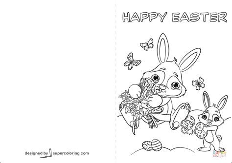 Happy Easter Card With Cute Bunnies Coloring Page Free Printable